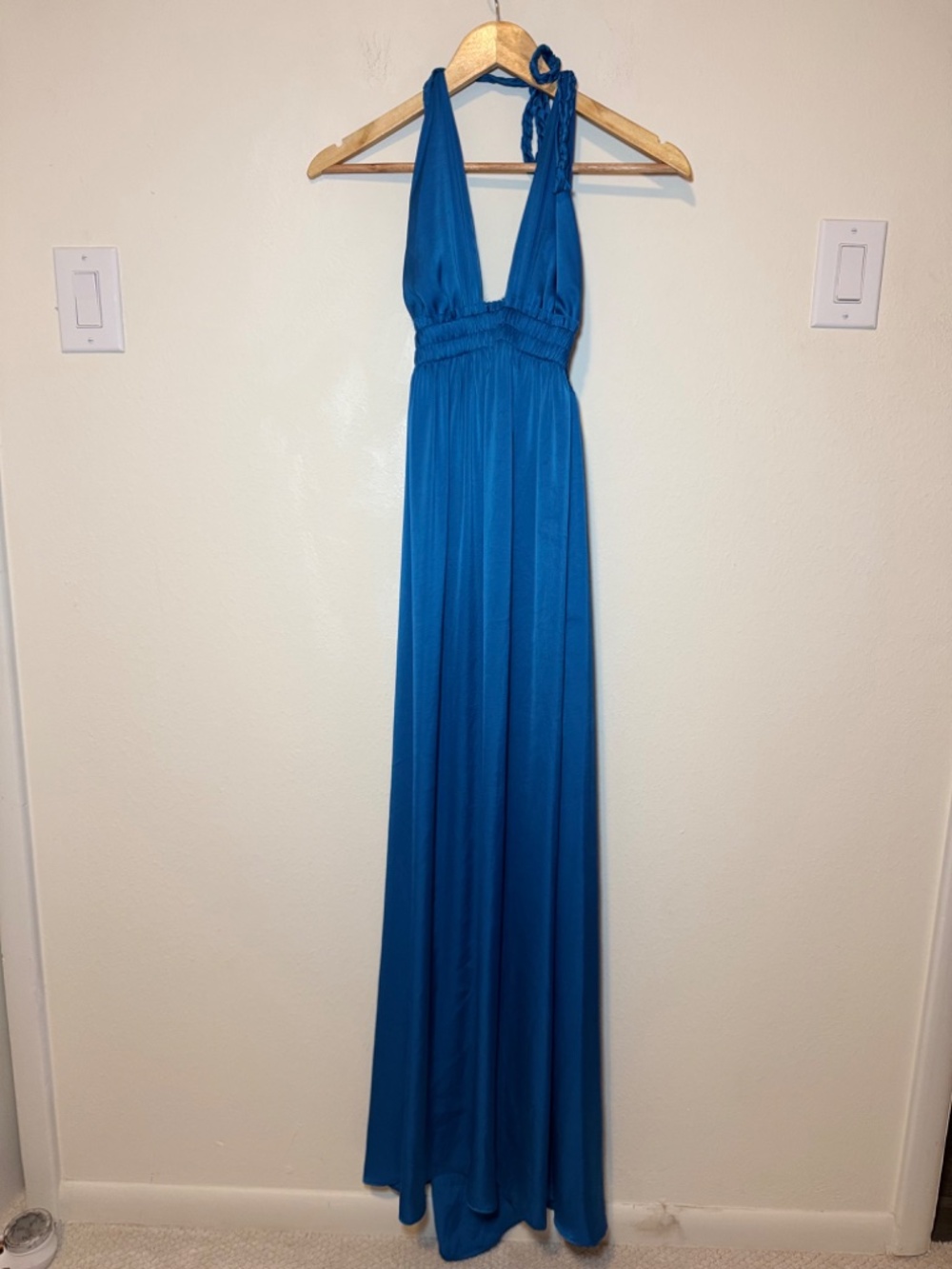 LoveShackFancy Blue Halter Maxi Dress Size 2 Backless Smocked Waist Flowy - Picture 2 of 9